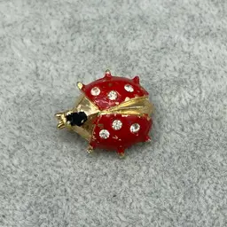Vintage Goldtone Red Ladybug Brooch with Rhinestones - Made in Hong Kong (2)