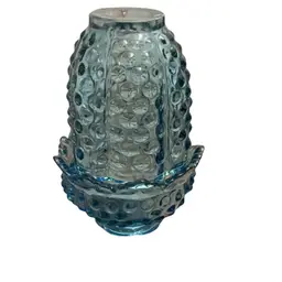 Wilkerson Glass 2-piece Hobnail Cornflower Blue Fairy Lamp 5” X 3 1/4” Glows-READ