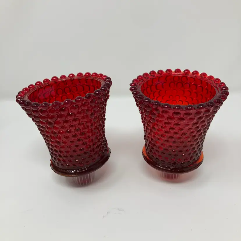 Vintage Glowy Ruby Red Glass Sconce Candle Holders!  3 1/2” Tall 3” Wide! UV Glow 😎😎😎