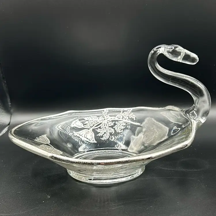 63 Vintage New Martinsville Glass Swan Dish With Silver Overlay