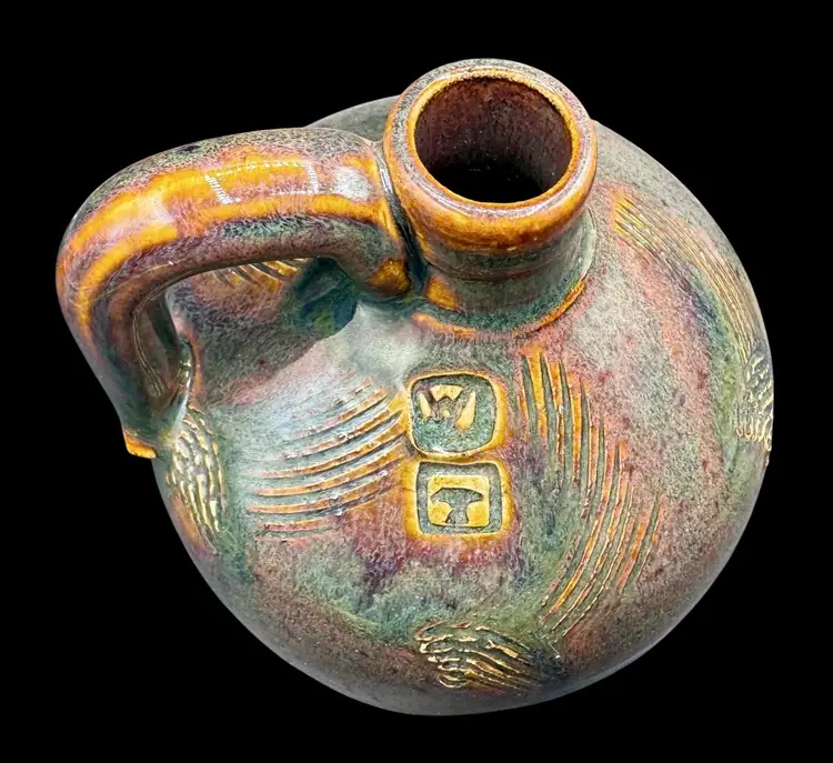Signed WT Vintage Studio Art Pottery Handle Jug Drip Glaze Brown Gray Blue 5.75”