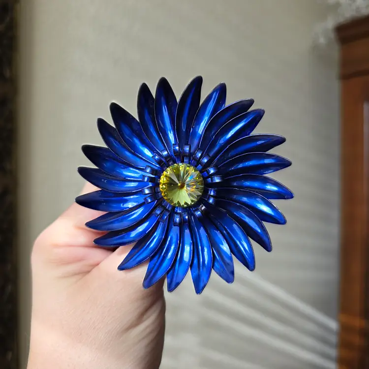 Vintage Blue Enamel Watermelon Rivoli Center Flower Brooch & Clipon Earrings