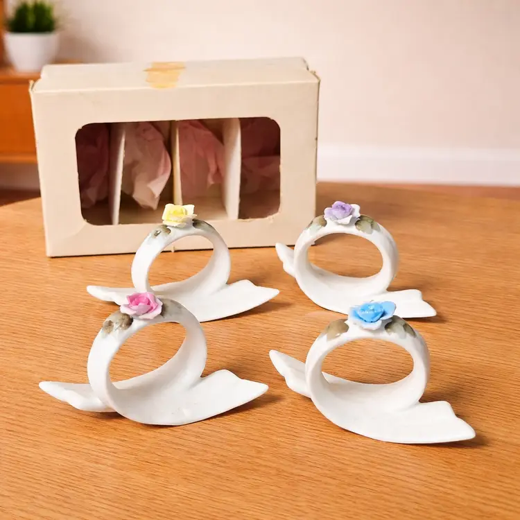 Vintage Japan Bisque Porcelain Napkin Rings Set 4 Roses Original Box Mid Century Cottage Granny Core