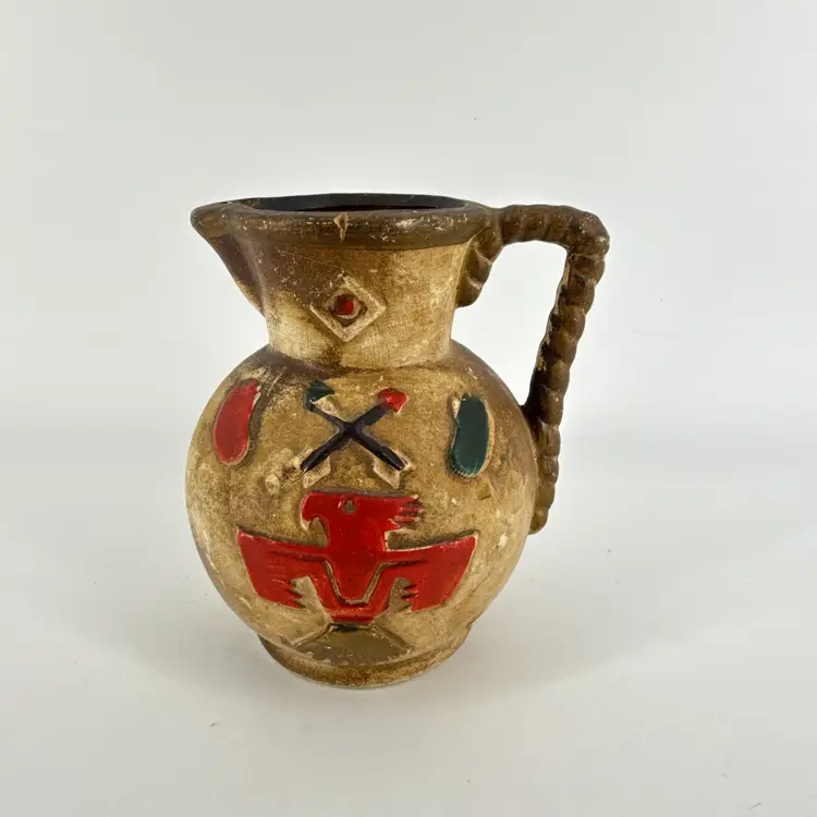 Native American 5" Chalkware Handled Pitcher Hand Painted Vintage