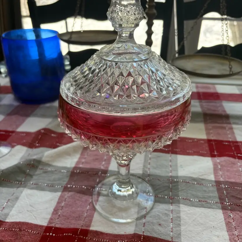 Red And Clear Diamond Point Candy Dish