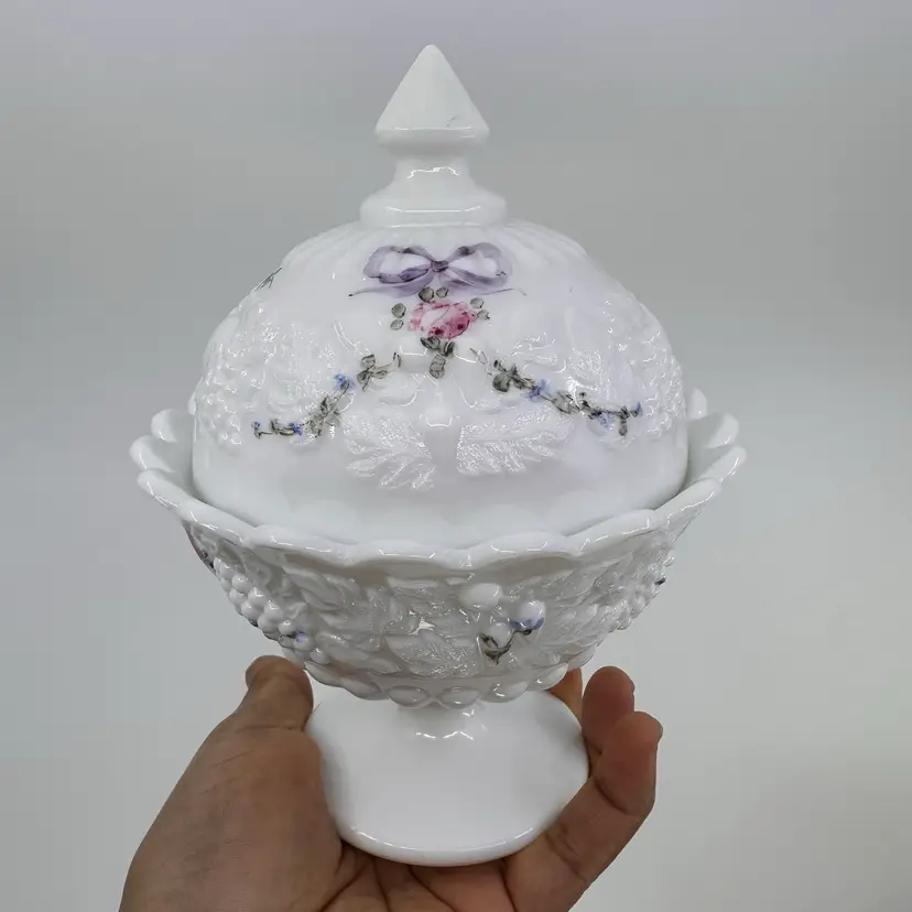 Westmoreland Milk Glass Hand Painted Floral and Grapes Pedestal Dish with Lid