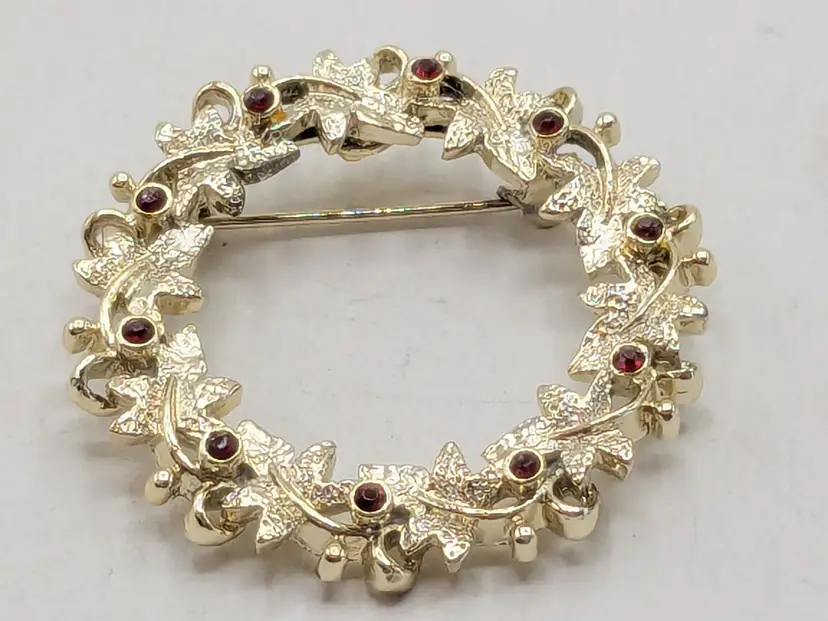 Vintage Silver Tone Leaf Wreath Brooch with Red Rhinestones