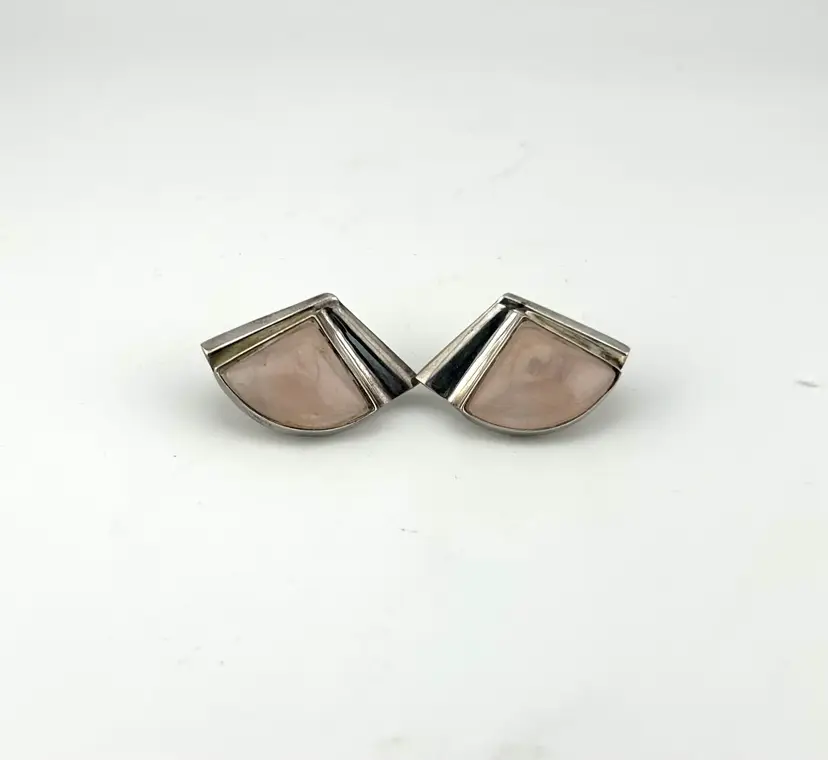 Vintage Sterling Silver and Rose Quartz Fan Pierced Earrings 1.5”x 1”