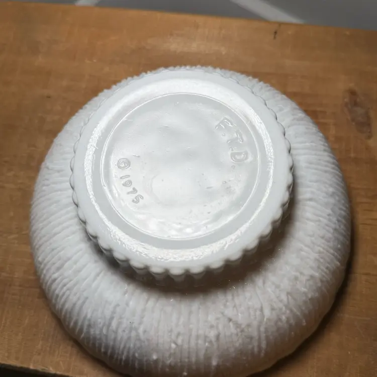 1975 FTD White Milk Glass Scalloped Edge Bark Textured Pedestal Bowl