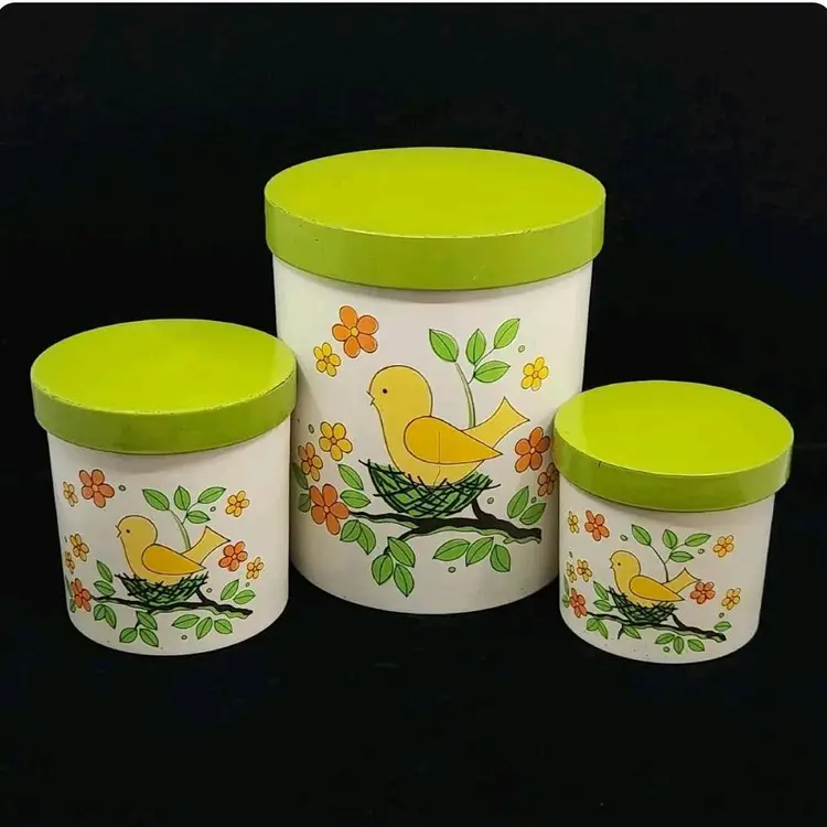 Vtg Set Of 3 Bird On Nest Canisters Melamine Japan Lorrie Designs MCM 1970s