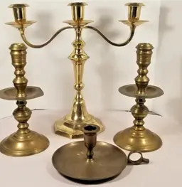 4 Heavy Vintage Brass Candle stick Holders 1 with Finger Loop 1 Candlelabra