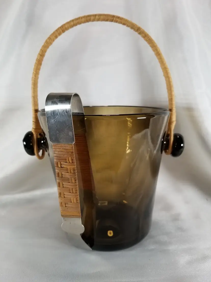 Vintage Smoky Brown Blown Glass Ice Bucket with Rattan Handle