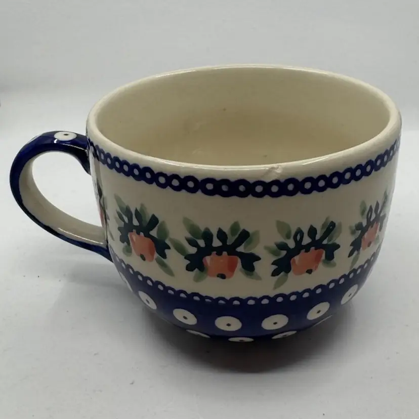 Hand-painted Polish pottery mug with floral and dot pattern- Chip on Rim