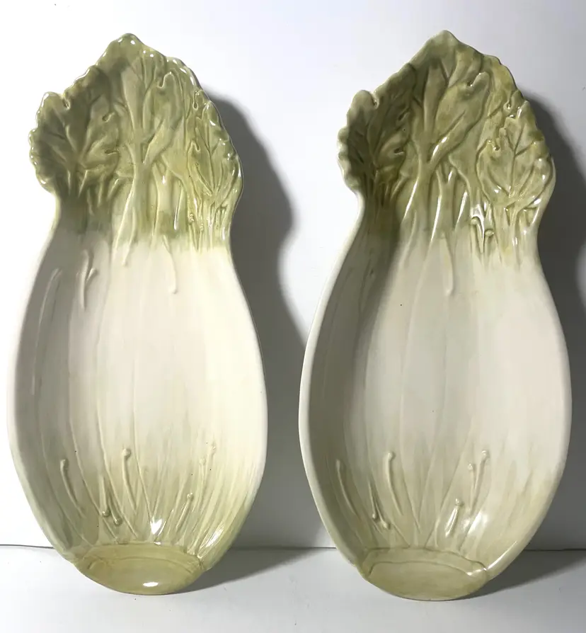 #01 Pair Of Glazed Green Ceramic Celery/Vegetable Serving Dishes.