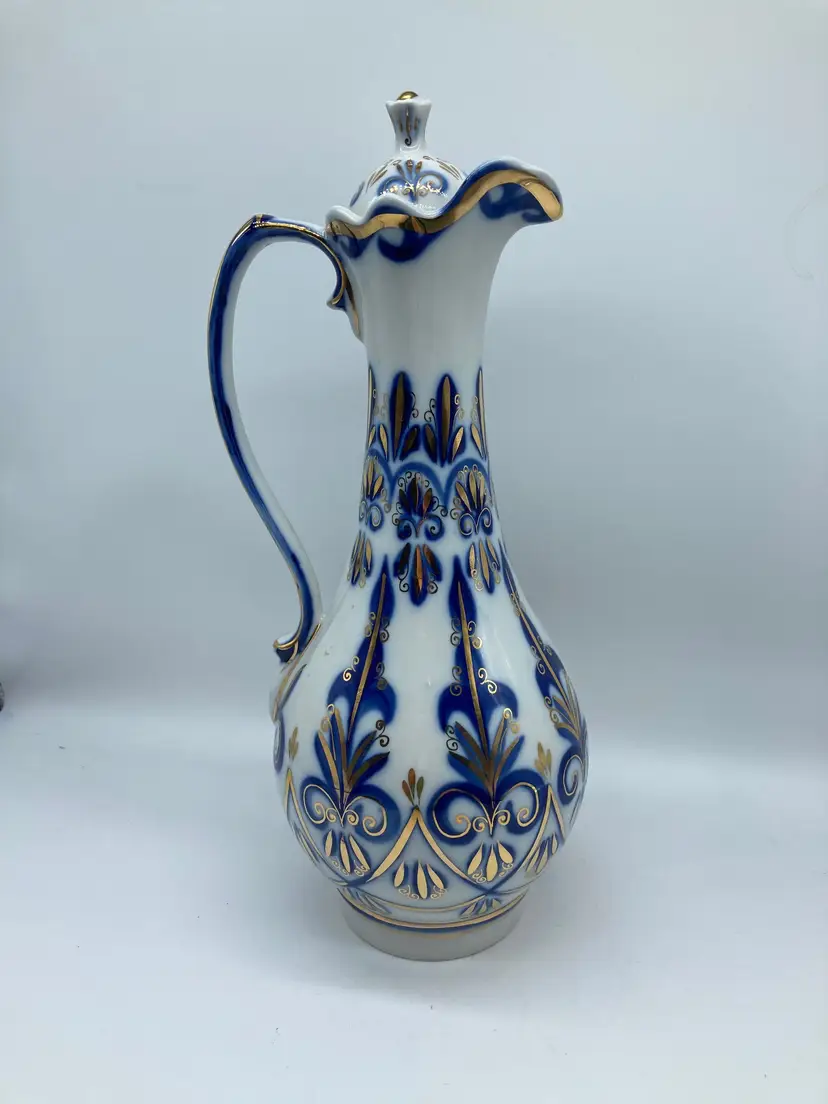 Fenix Russian Blue & Gold Porcelain Pitcher Handmade Kislovodsk Russia