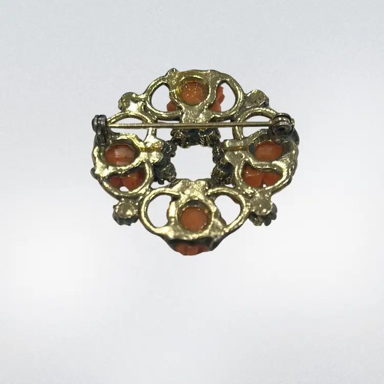 Vintage Coral Flower Brass Tone Brooch with Rhinestones