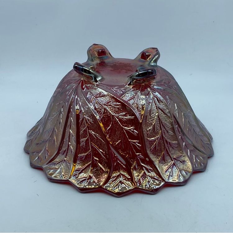 #0303 Vintage Imperial Glass ruby red carnival glass acanthus leaf bowl 8.5” x 4”