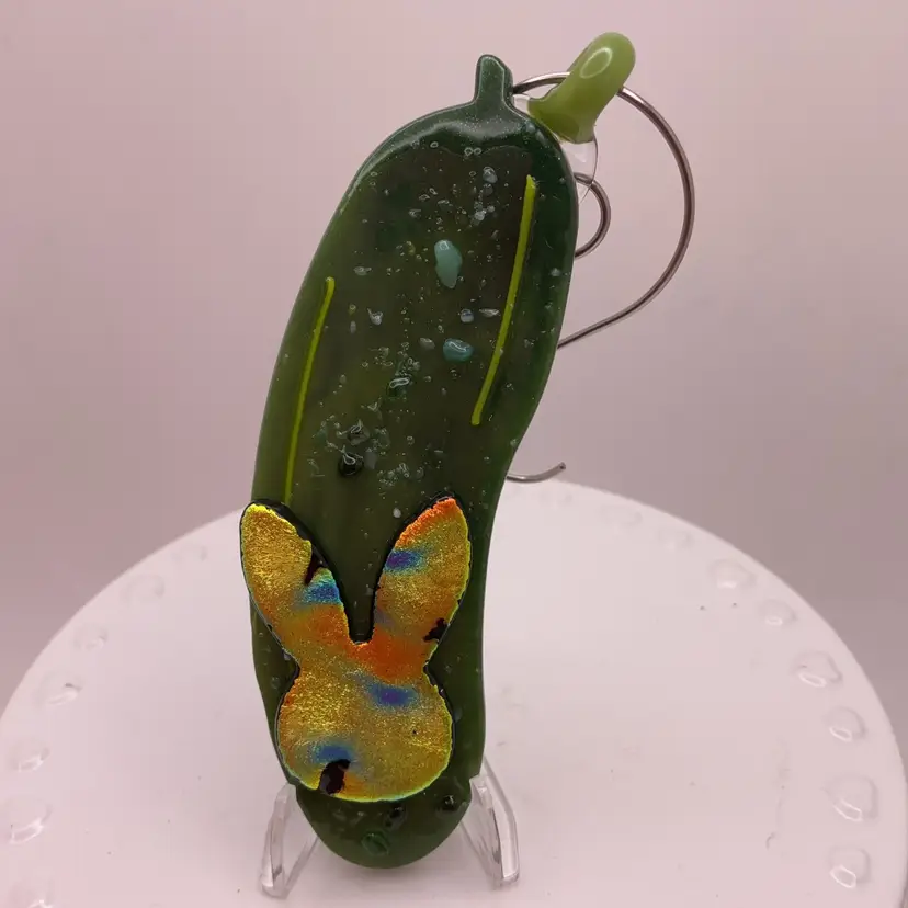 Made by Me! Fused Glass Dichroic Playboy Bunny  "In a Pickle" Ornament 3.25” Handcrafted Studio Art
