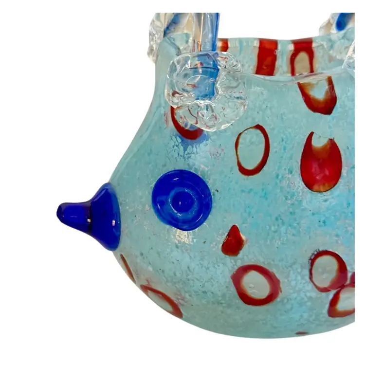 Glass Fish Purse Figurine Kitsch  Beach Shelf Decor Light Blue/Red Spots/Cobalt/Blue Fins Eyes & Mouth
7-1/4” T x 8” L x 3-1/4” W