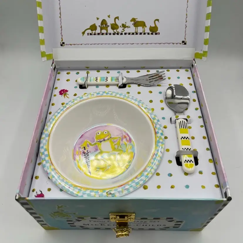 MacKenzie Childs Toddler Frog Dinnerware Set In Box