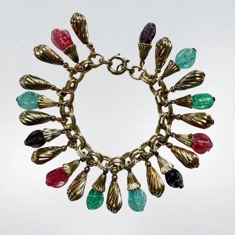 7.75" Vintage MCM NAPIER Doris Day Art Glass Charm Bracelet Gold Tone READ