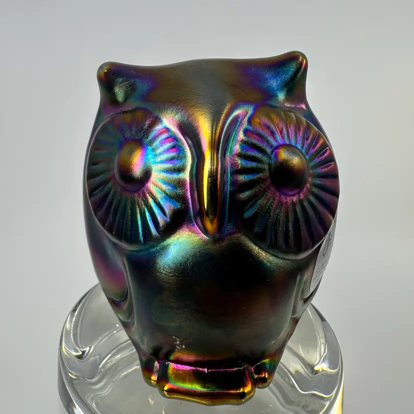 Vintage Fenton Amethyst Iridescent Carnival Glass Owl Paperweight 3”