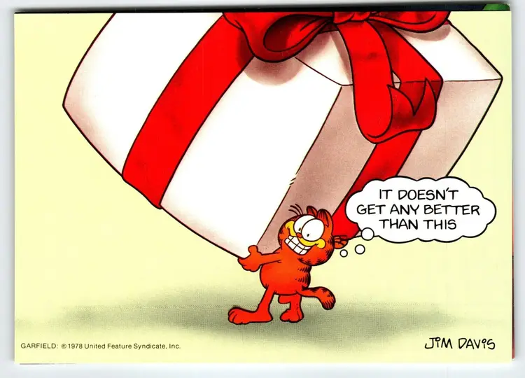 Garfield Christmas Postcard Giant Gift Box Jim Davis Comic Orange Tabby Cat 1978