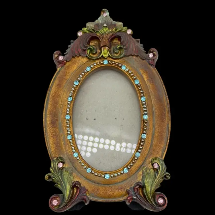 Jeweled Frame Rhinestones Gold Green Picture Size 2x3"