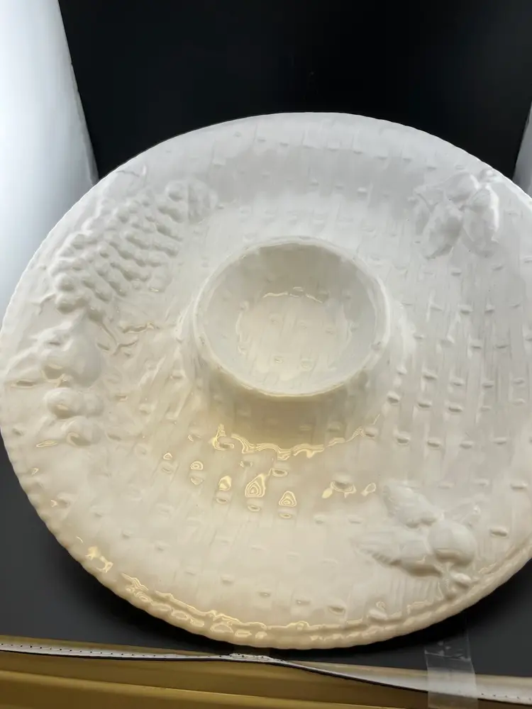 Vintage Loucarte, made in Portugal, beautiful ivory basket weave background with raised fruit, with dip dish