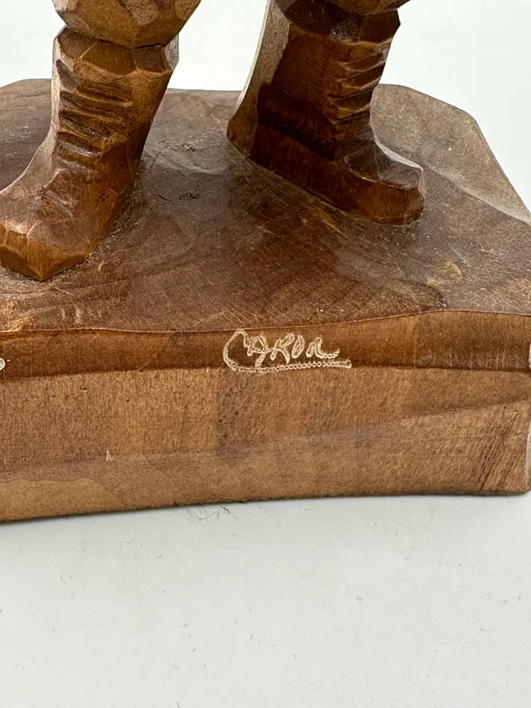 Paul Caron Signed Solid Wood Carved Man Farmer W/ Double Bucket Boots Overalls