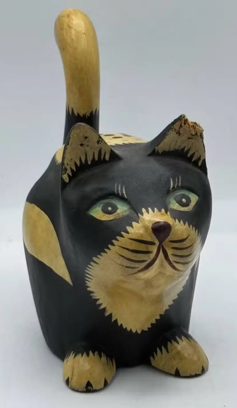 Vintage Hand-carved Wooden Cat Figurine; Pier 1 Balinese Folk Art