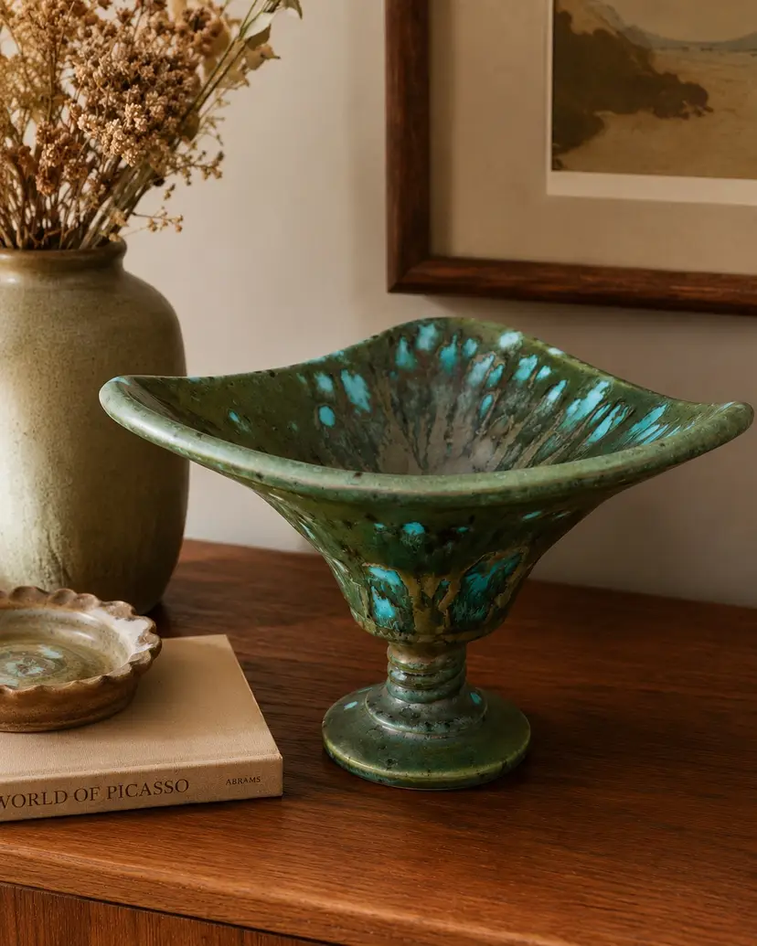 Vintage Studio Pottery Pedestal Bowl Crystalline Turquoise Glaze Art Pottery Compote Mid Century Modern