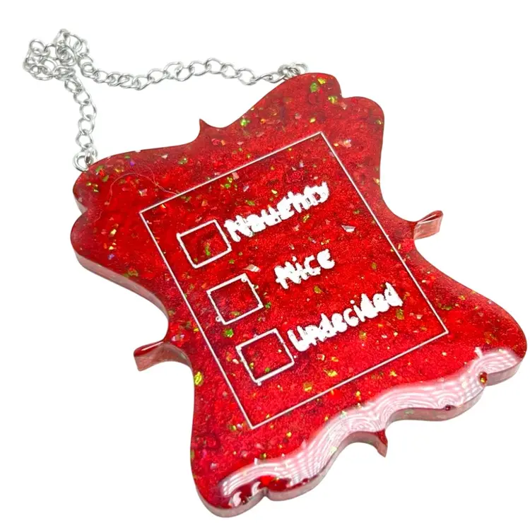 Handmade 🎅 Santa Naughty Nice Undecided Checklist. Red Glitter Resin Ornament.