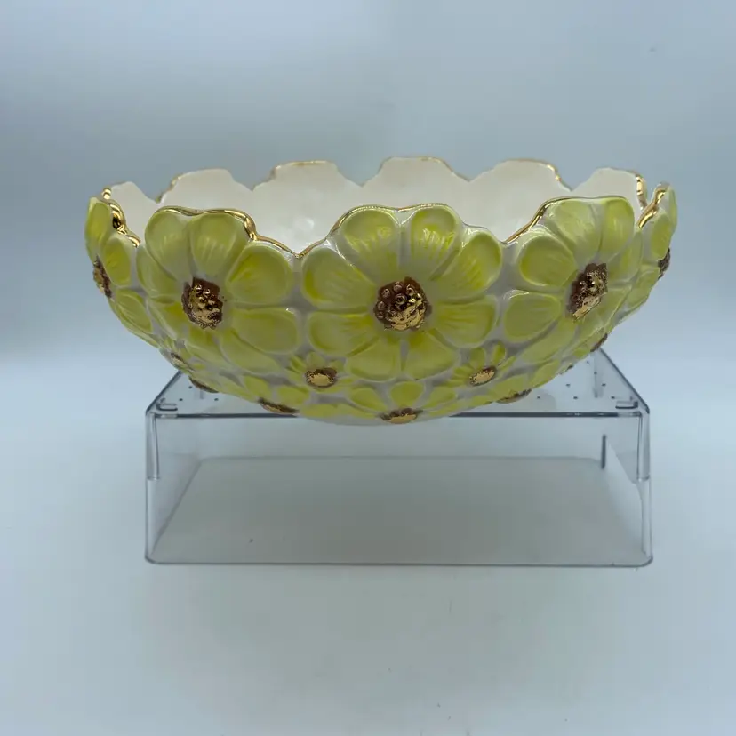 #1908 1972 Ceramics by Marley decorative bowl with sculpted daisies and gold accents.