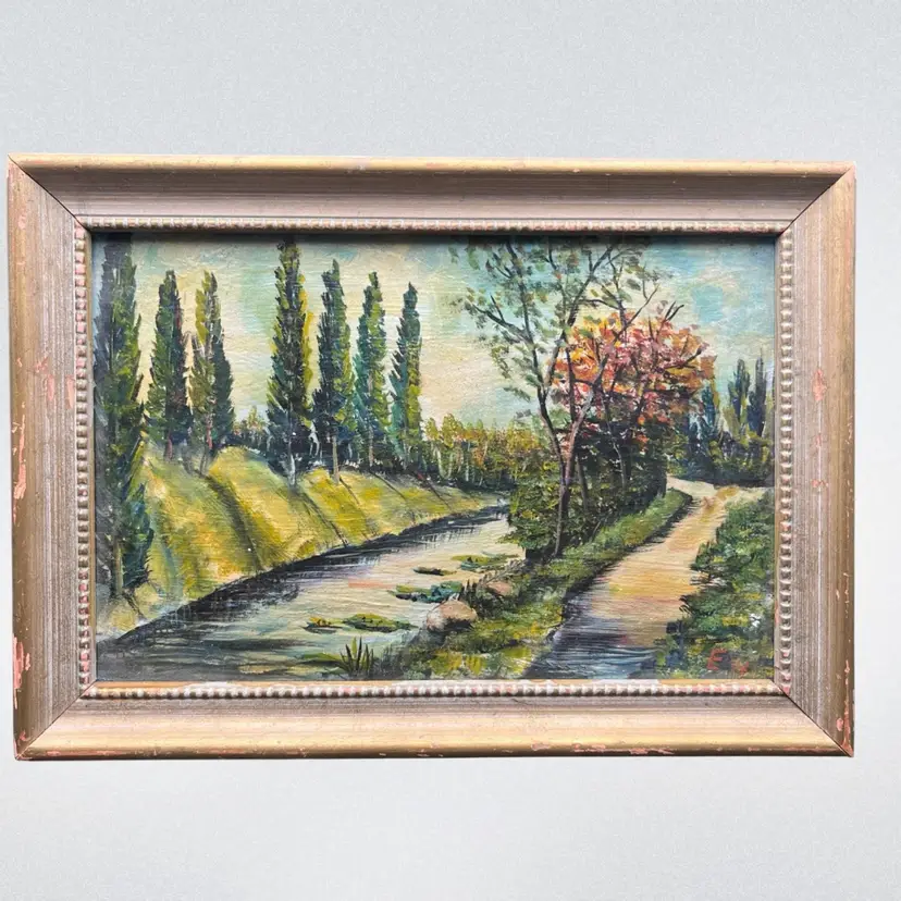 Vintage Original Oil Painting On Board,Country River Landscape Signed EW 10”x7”