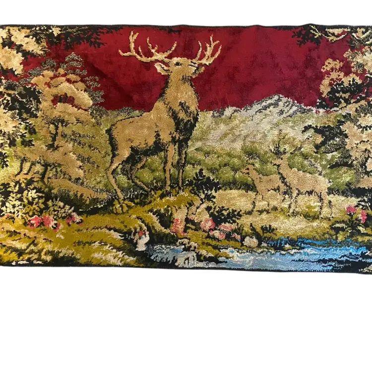 This item is a vintage deer and buck forest scene velvet tapestry, often used as a wall hanging or rug
