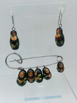 Russian Matryoshka Pin Brooch And Earrings Mamushka Nesting Dolls Traditional Russian Jewelry