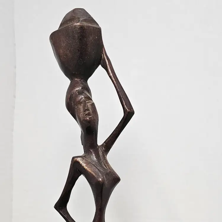 Tribal Woman Balancing a Basket Wood Carving Signed 10 Inch