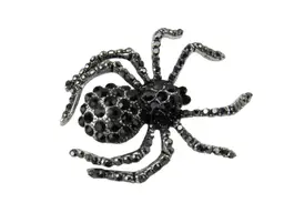 Black Rhinestone Spider Brooch Pin Vintage Halloween Gothic Silver Tone 2"