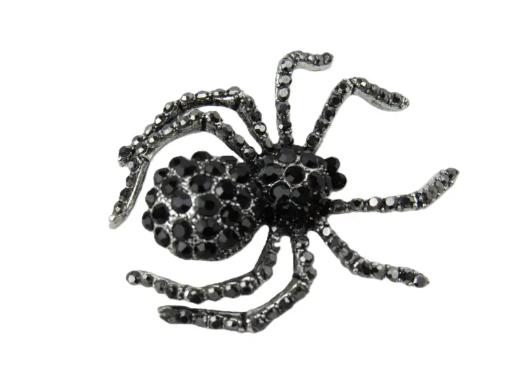 Black Rhinestone Spider Brooch Pin Vintage Halloween Gothic Silver Tone 2"