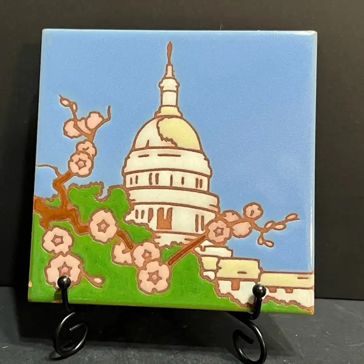 Set of 2 Vintage Arius Tiles Capitol & Washington Monument Cherry Blossoms, Italy ~6” x 6” Each