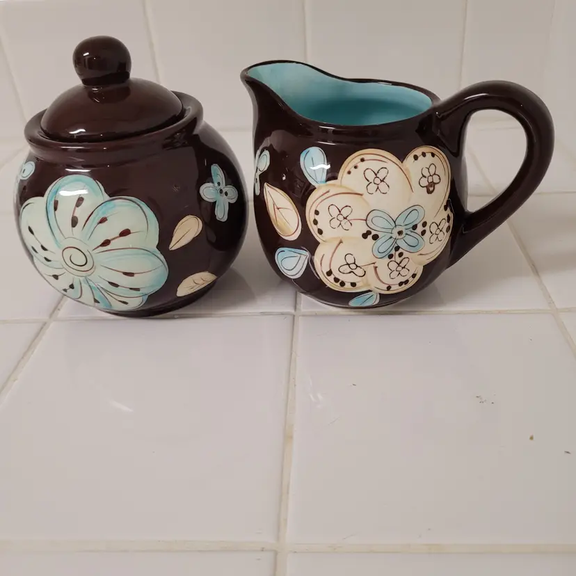 Pier One Imports Cassidy Hand Painted Earthenware Creamer/Sugar Bowl W/Lid