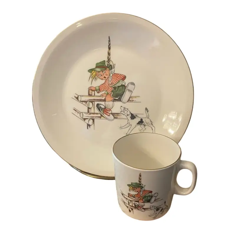 Vintage Figgjo Flint Norway Child's Plate & Cup, Child Jumping Fence From Barking Dog