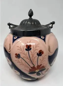 Antique Biscuit Jar Floral Silver Plated Lid & Handle Peachy Pink 7.5”