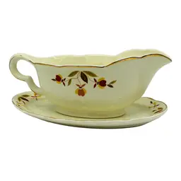 Vintage Hall Autumn Leaf Gravy Boat & Underplate Fall Colors Design Gold Trim