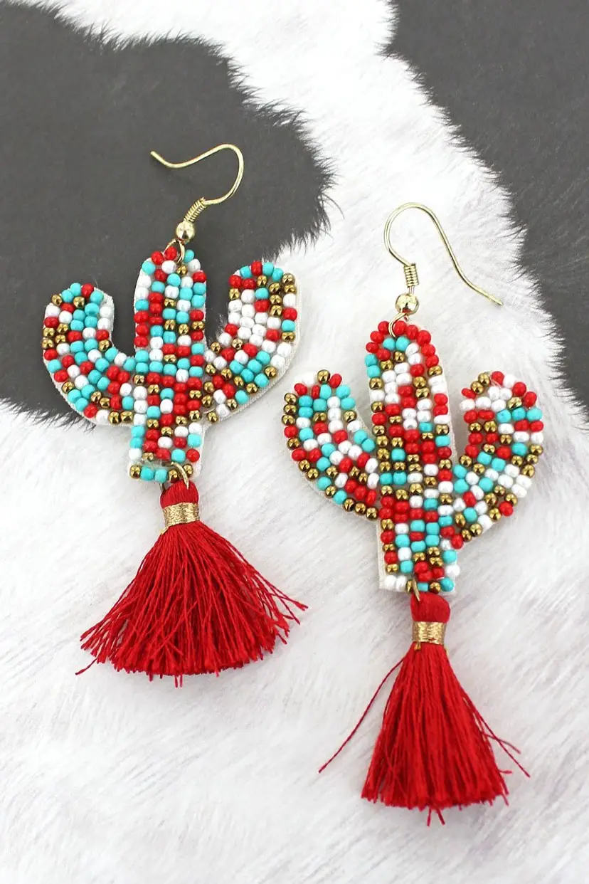 TURQUOISE AND RED SEED BEAD CACTUS TASSEL EARRINGS NIP