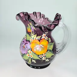 131  Fenton Pitcher Aubergine Applied Handle Hand Painted Signed VTG