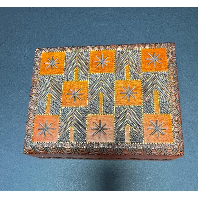 Poland wood carved trinket box trees stars brass inlay