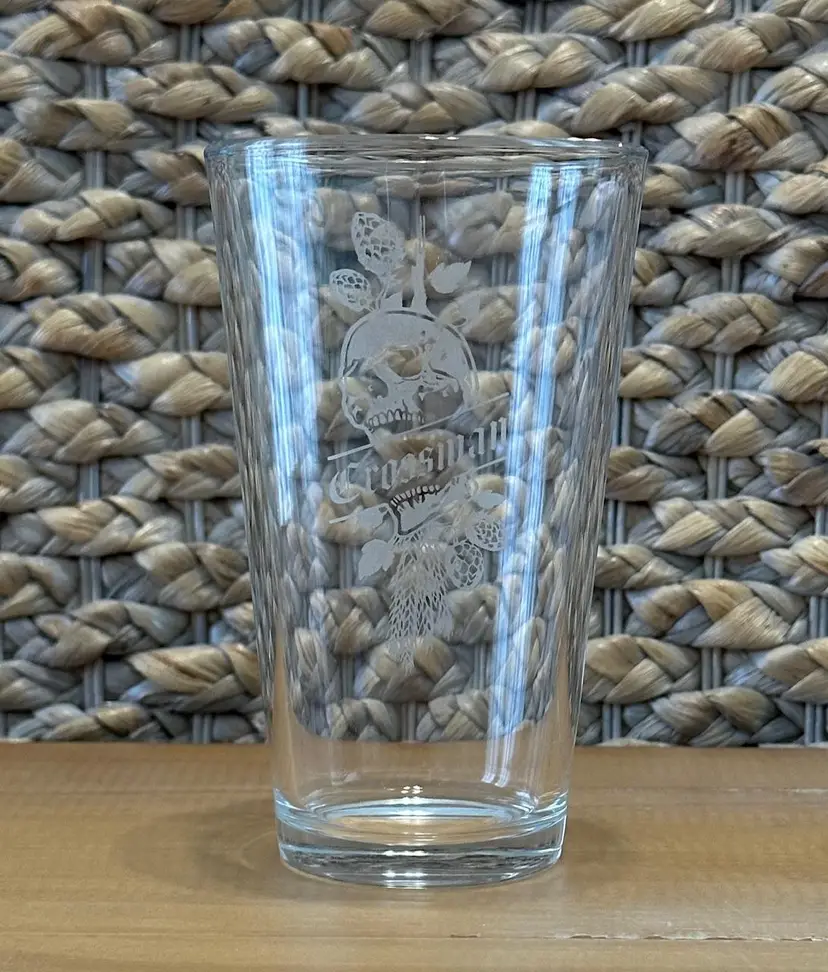Crossman Clear Glass Pint Glass with Skull, Hops and Barley