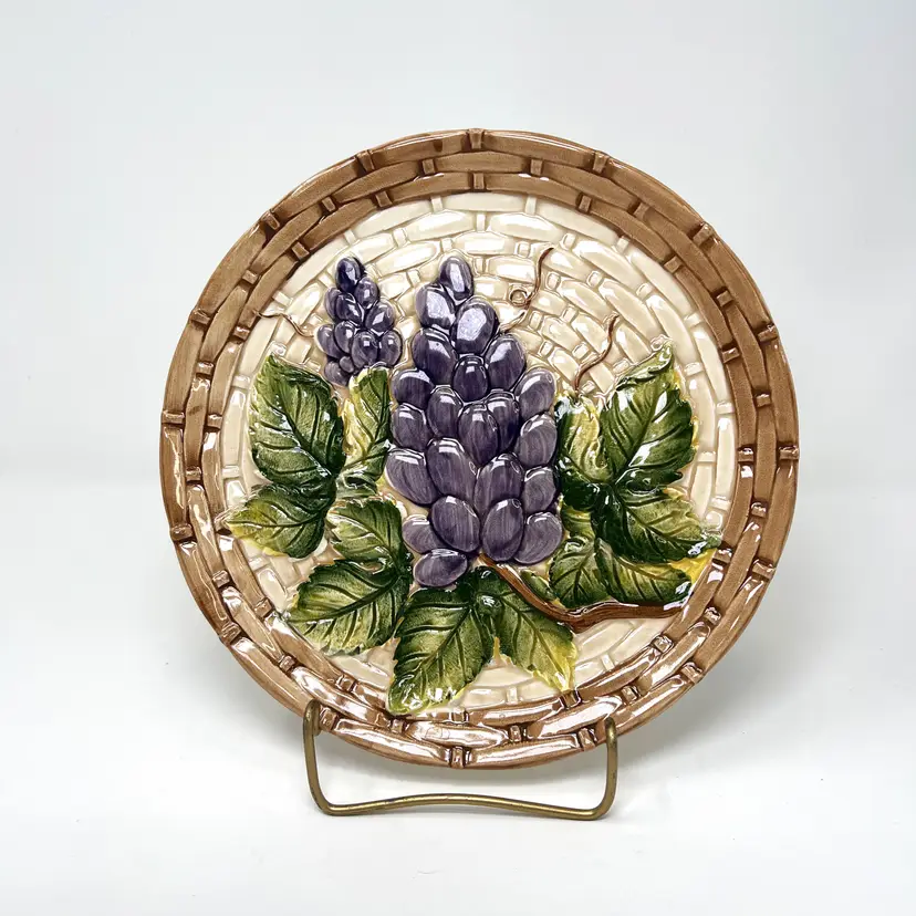 Vintage Takahashi Antigua Grape Plate, Hand-Painted Majolica Style, 8 Inch (0124-24)